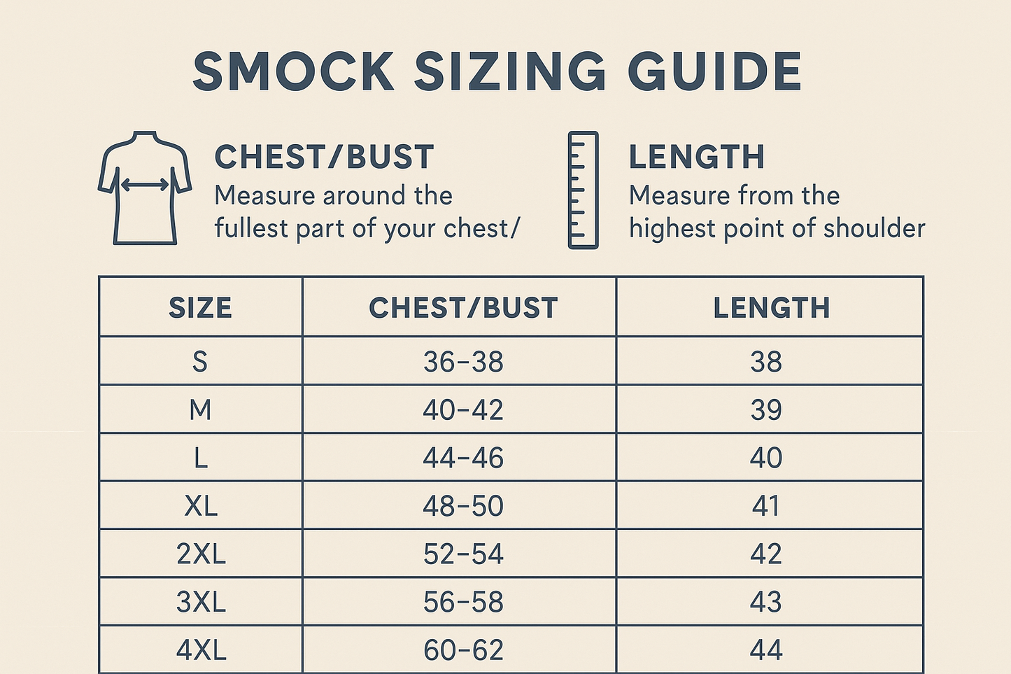 Corrected Smock Sizing Guide - 2 Numbers Only