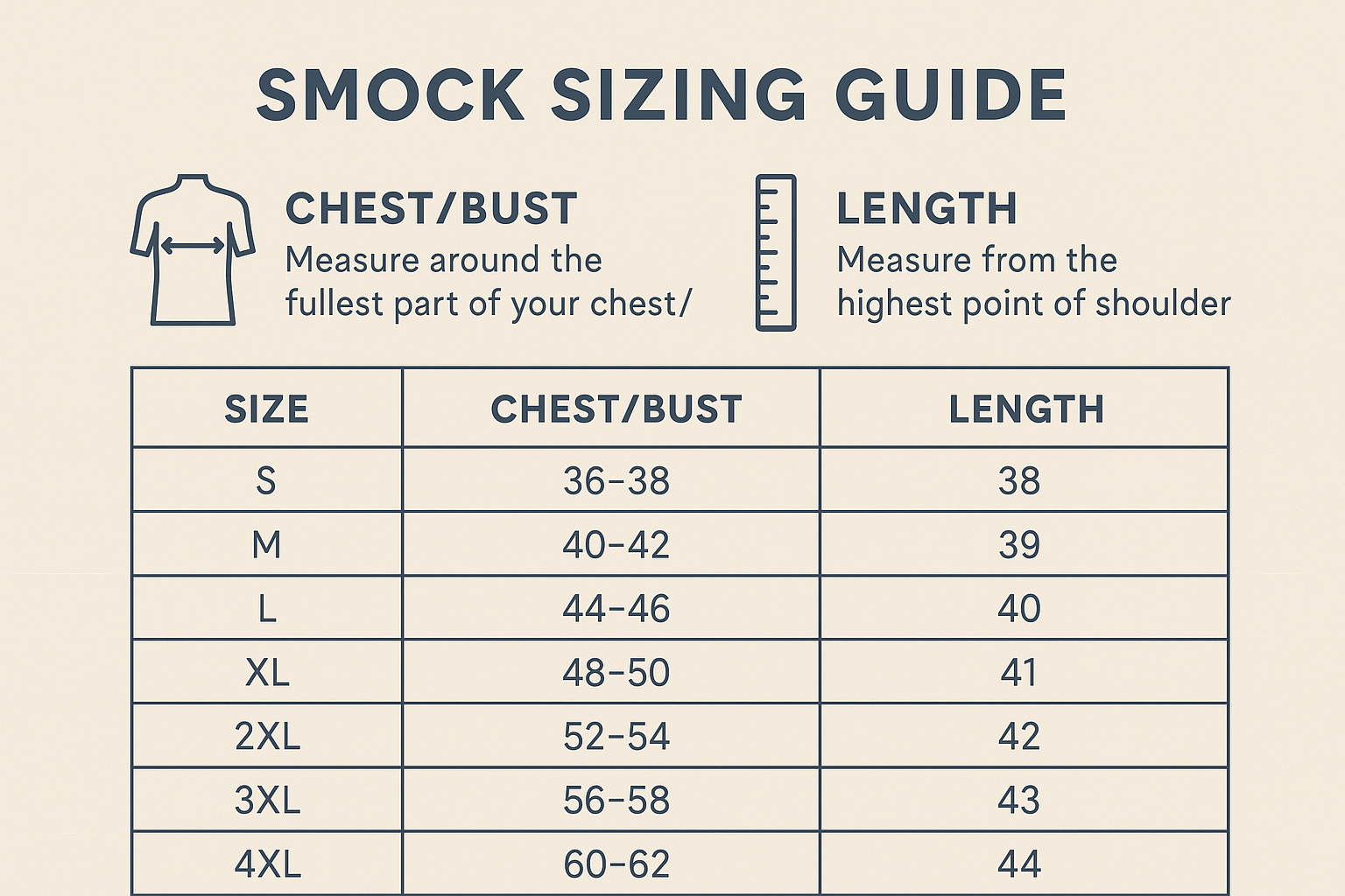 Corrected Smock Sizing Guide - 2 Numbers Only